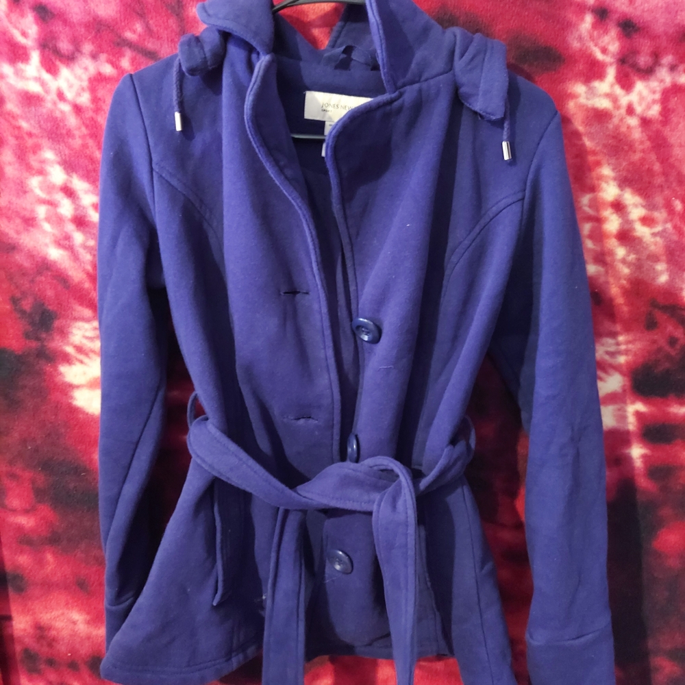 Jones New York navy blue hooded button up cotton winter coat jacket tie waist